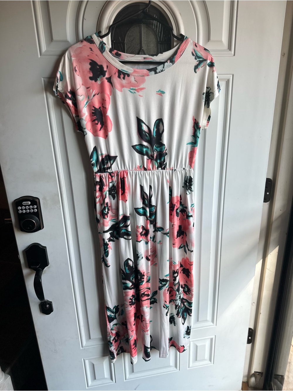 White Floral Dress with Pink and Teal Accents